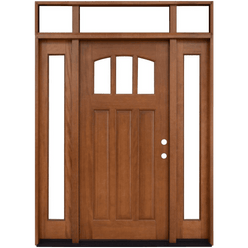 Craftsman 3 Lite Arch Stained Mahogany Wood Prehung Front Door with Sidelites and Transom