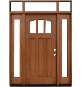 Craftsman 3 Lite Arch Stained Mahogany Wood Prehung Front Door with Sidelites and Transom
