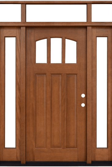 Craftsman 3 Lite Arch Stained Mahogany Wood Prehung Front Door with Sidelites and Transom
