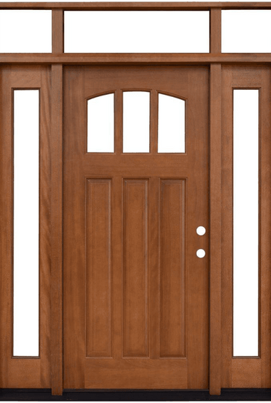Craftsman 3 Lite Arch Stained Mahogany Wood Prehung Front Door with Sidelites and Transom