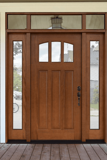 Craftsman 3 Lite Arch Stained Mahogany Wood Prehung Front Door with Sidelites and Transom