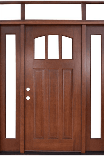 Craftsman 3 Lite Arch Stained Mahogany Wood Prehung Front Door with Sidelites and Transom