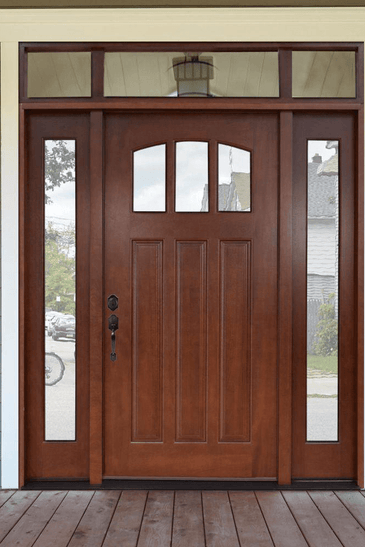 Craftsman 3 Lite Arch Stained Mahogany Wood Prehung Front Door with Sidelites and Transom