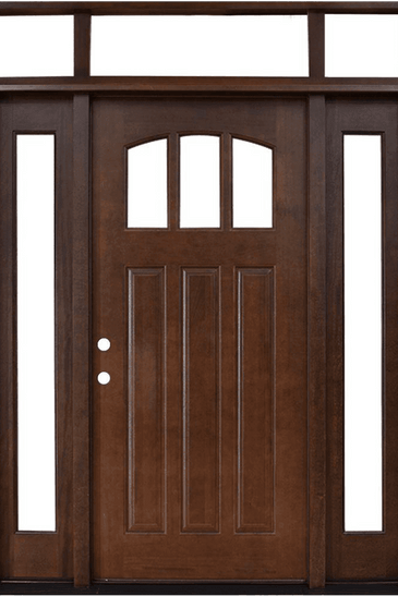 Craftsman 3 Lite Arch Stained Mahogany Wood Prehung Front Door with Sidelites and Transom