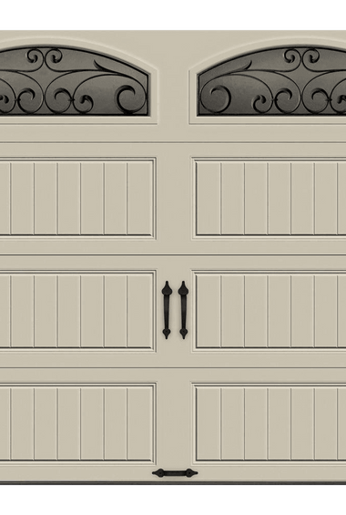 R-Value Intellicore Insulated Sandstone Garage Door with Wrought Iron Window